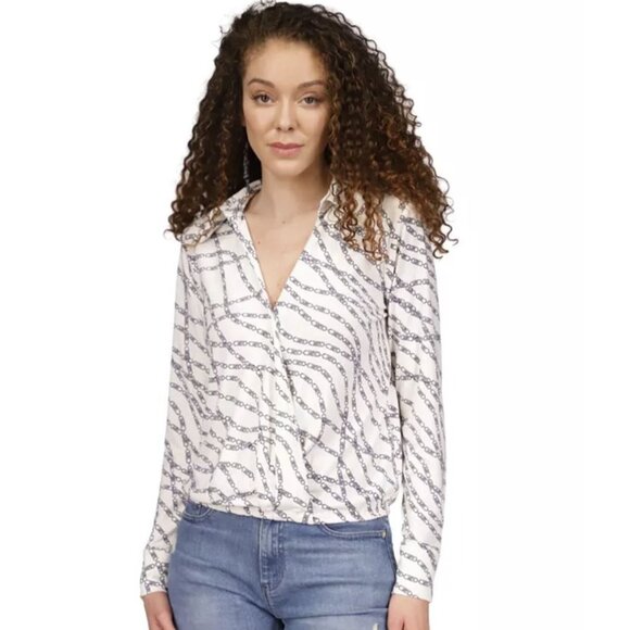 Michael Kors Geometric Retro Faux Wrap Long Sleeve V-Neck Top Tan Brown L NWT - Picture 8 of 8